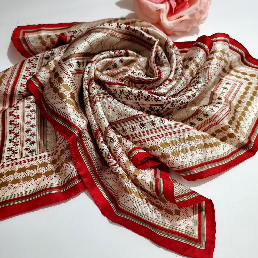 Echo Vintage 100 Silk Scarf Square 23x23 Red Gold Cream Stripe Geometric